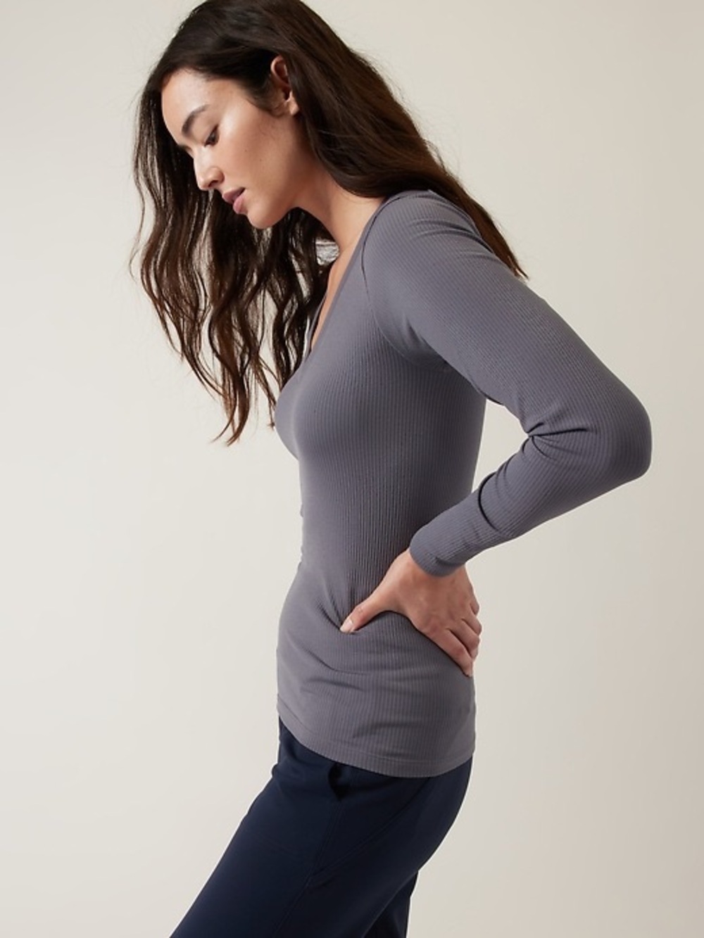 Athleta Renew Seamless V-Neck Long Sleeve Fitted Coastline Blue Top